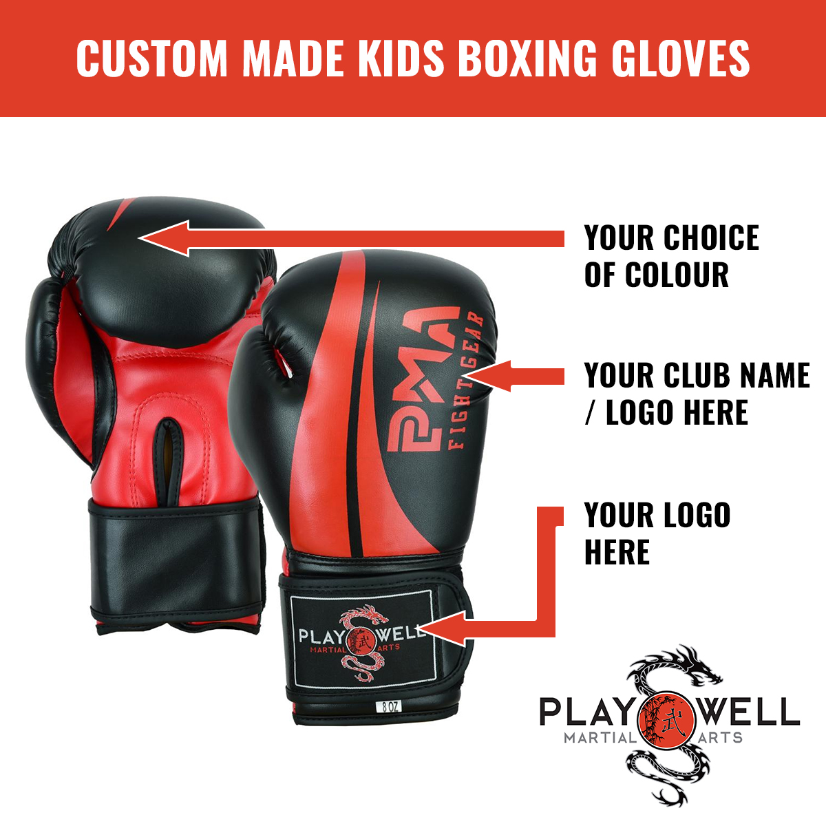 Custom Made Martial Arts Kids Boxing Gloves - Your Logo - Click Image to Close