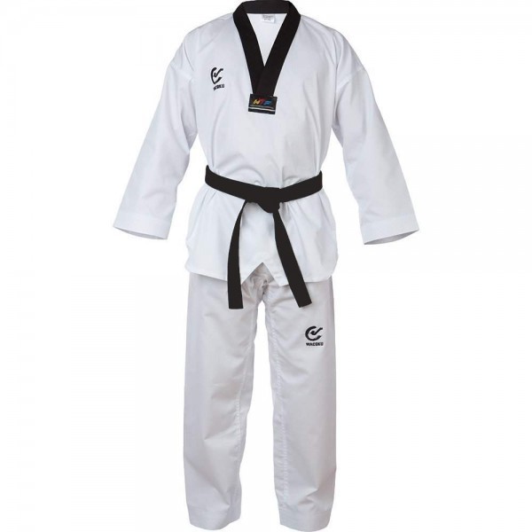 WT Wacoku Approved Taekwondo Black V Neck Suit - ( Ribbed )